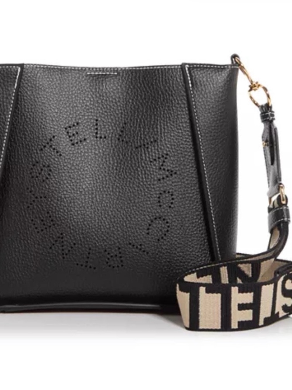 Stella McCartney Black Pebbled Logo Bucket Shoulder Bag with Contrast Logo Strap